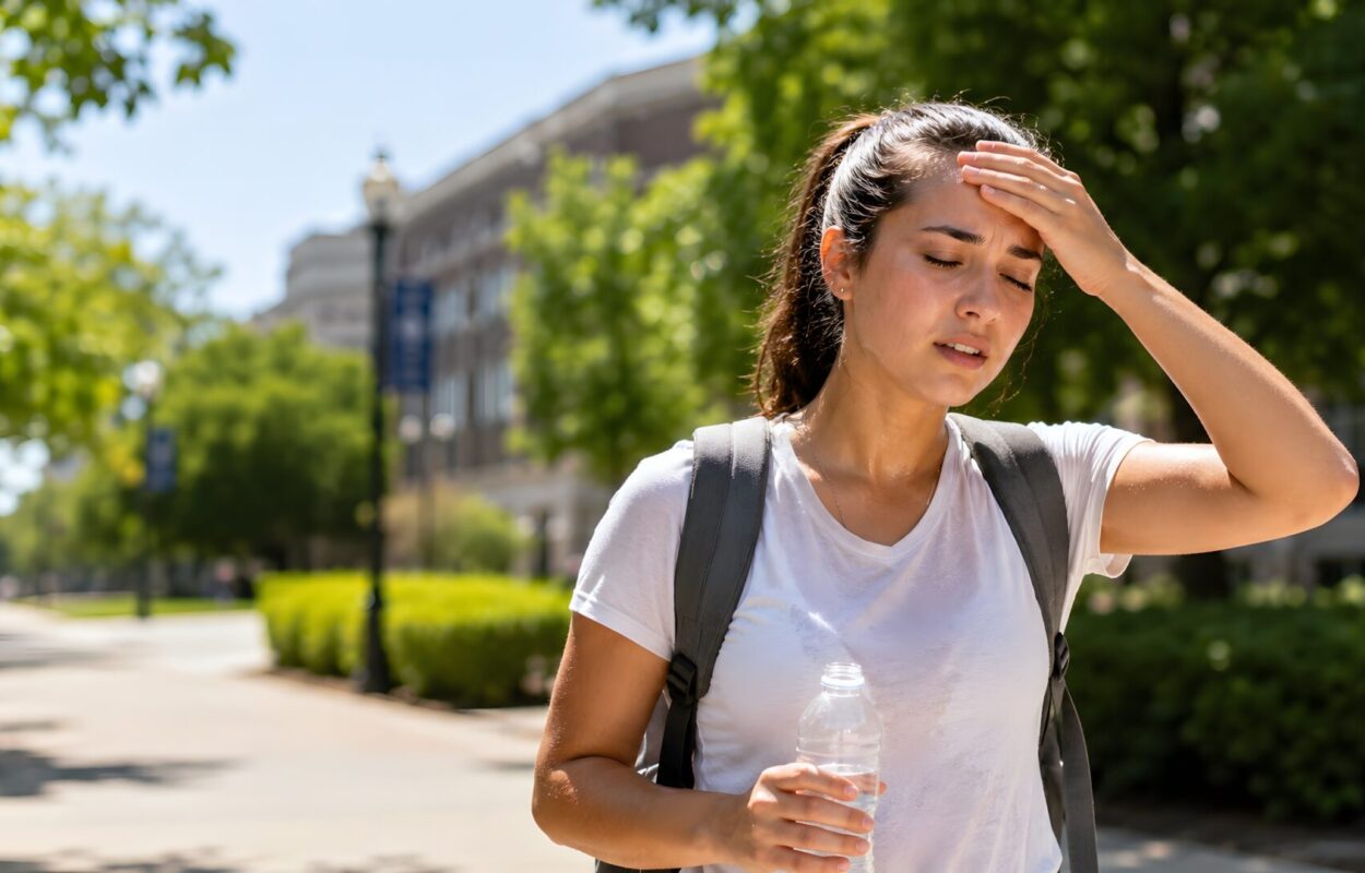 Young woman walking outdoors and wiping sweat during severe summer heat Vergeet niet te drinken bij een wandeling bij warm weer